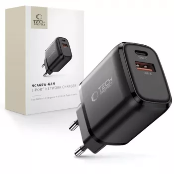 TECH-PROTECT NCA65W-GAN 2-poorts netwerkoplader PD 65W / QC3.0 zwart