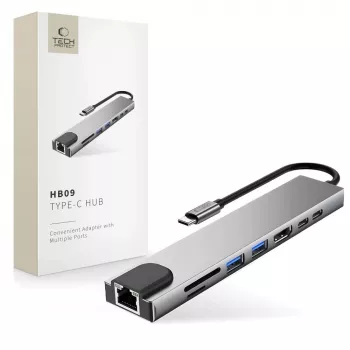 TECH-PROTECT HB09 hub-adapter 8-in-1 USB-C naar USB-A 3.0, USB-C 3.0, HDMI 4K 60Hz, SD/TF, PD 100W, RJ45 Gigabit Ethernet, Space Grey