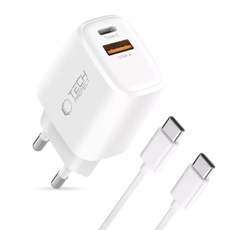 TECH-PROTECT NCA45W-GAN 2-poorts netwerkoplader PD 45W / QC3.0 + USB-C-kabel wit