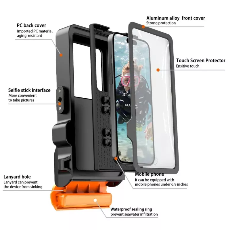 TECH-PROTECT IPX8 PRO universele waterdichte duikhoes zwart/oranje