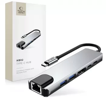 TECH-PROTECT HB02 hub-adapter 6-in-1 USB-C + USB 2.0 + USB 3.0 + HDMI 4K 30Hz + RJ45 + PD 100W spacegrijs