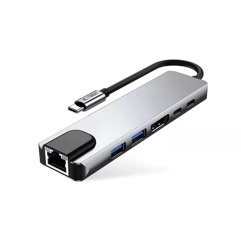 TECH-PROTECT HB02 hub-adapter 6-in-1 USB-C + USB 2.0 + USB 3.0 + HDMI 4K 30Hz + RJ45 + PD 100W spacegrijs