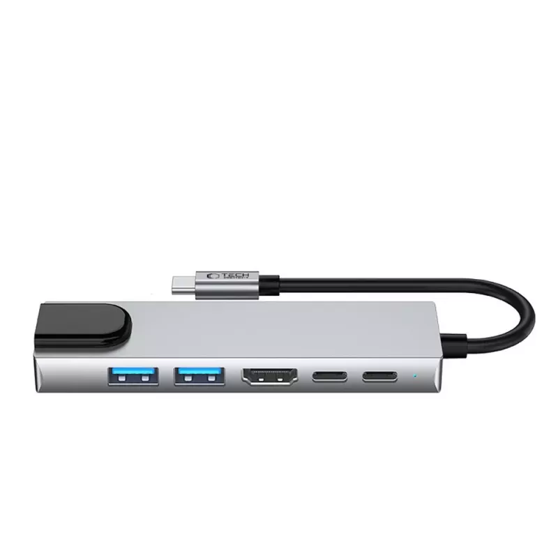 TECH-PROTECT HB02 hub-adapter 6-in-1 USB-C + USB 2.0 + USB 3.0 + HDMI 4K 30Hz + RJ45 + PD 100W spacegrijs