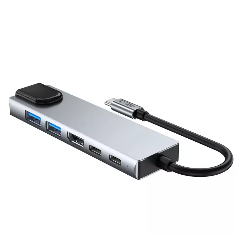 TECH-PROTECT HB02 hub-adapter 6-in-1 USB-C + USB 2.0 + USB 3.0 + HDMI 4K 30Hz + RJ45 + PD 100W spacegrijs
