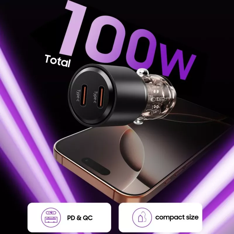 TECH-PROTECT CC03 2-poorts autolader PD 100W zwart