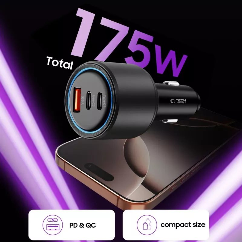 TECH-PROTECT CC04 3-poorts autolader PD 175W zwart