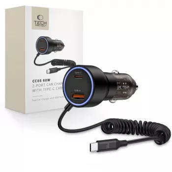 TECH-PROTECT CC05 2-poorts autolader PD 60W + kabel zwart