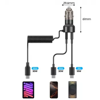 TECH-PROTECT CC05 2-poorts autolader PD 60W + kabel zwart