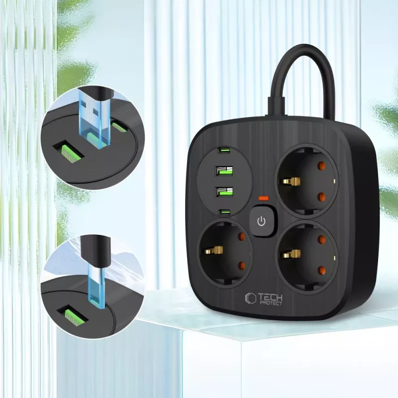 TECH-PROTECT PCS3X4 stekkerdoos 2 USB & 2 Type-C & 3 stopcontacten 200cm zwart