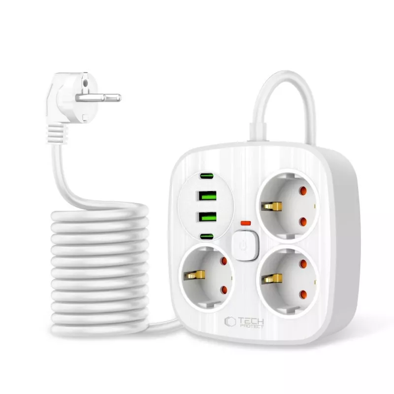 TECH-PROTECT PCS3X4 stekkerdoos 2 USB & 2 Type-C & 3 stopcontacten 200cm wit