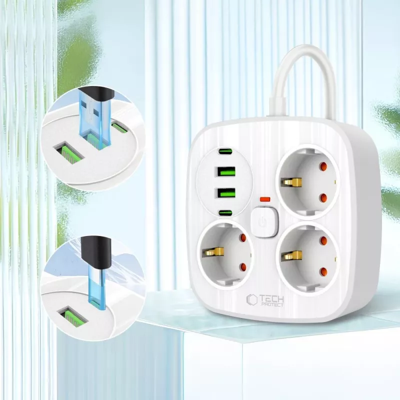 TECH-PROTECT PCS3X4 stekkerdoos 2 USB & 2 Type-C & 3 stopcontacten 200cm wit