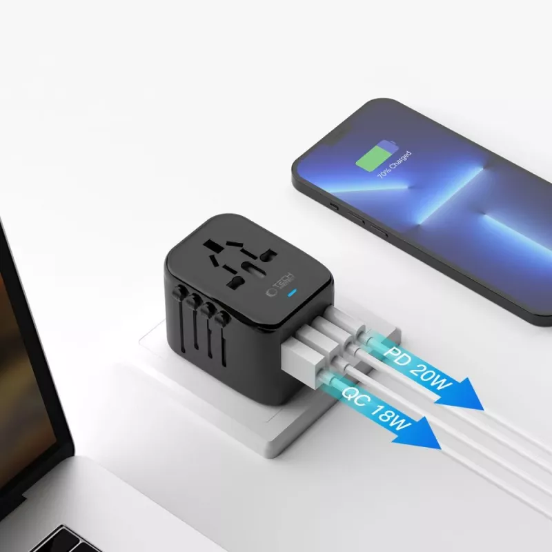 TECH-PROTECT TA200 reisadapter EU / UK / US / AU zwart
