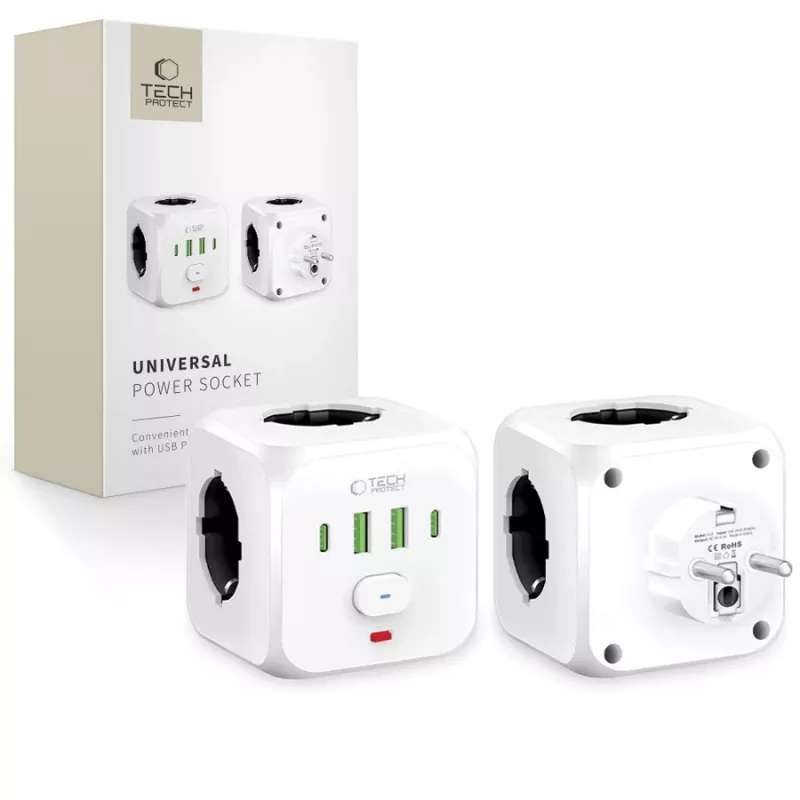 TECH-PROTECT PCL3X4 stekkerdoos 3 Schuko-stopcontacten 2 USB-A 2 USB-C 2m wit