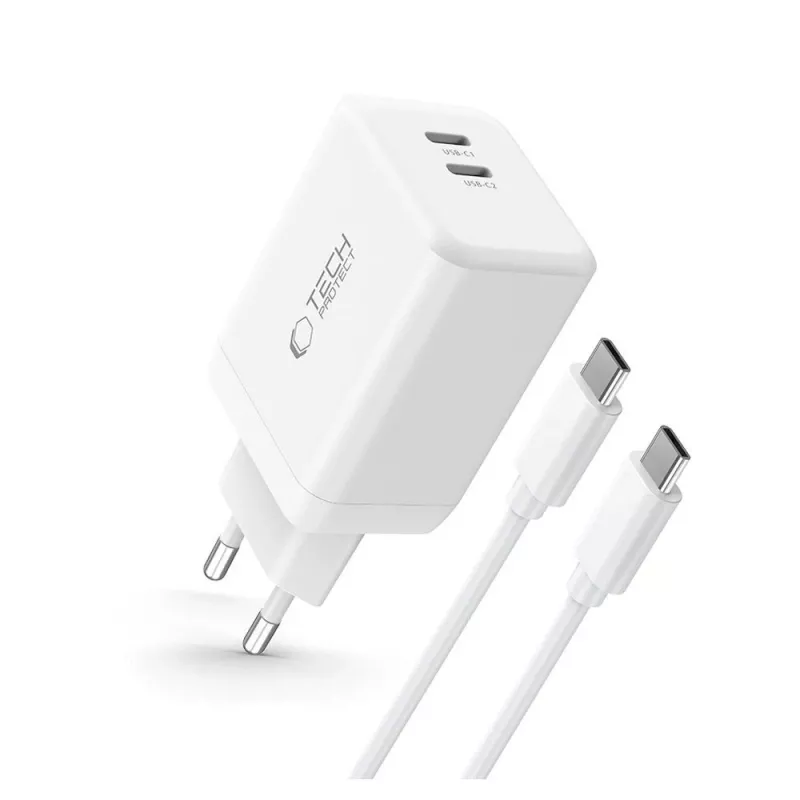 TECH-PROTECT NC45W-GAN 2-poorts netwerkoplader PD 45W + USB-C kabel wit