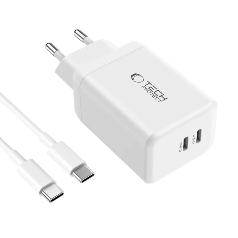 TECH-PROTECT NC45W-GAN 2-poorts netwerkoplader PD 45W + USB-C kabel wit