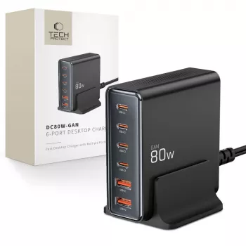 Tech-Protect DC80W-GAN 6-PORT GaN 80W USB-C oplader zwart