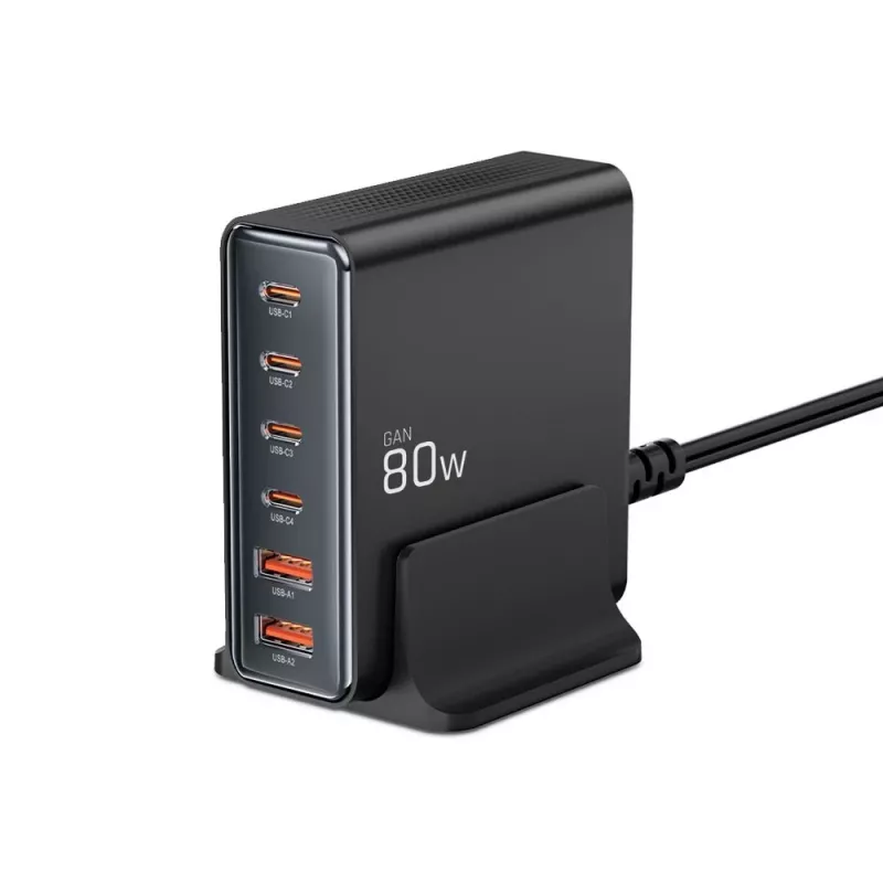 Tech-Protect DC80W-GAN 6-PORT GaN 80W USB-C oplader zwart