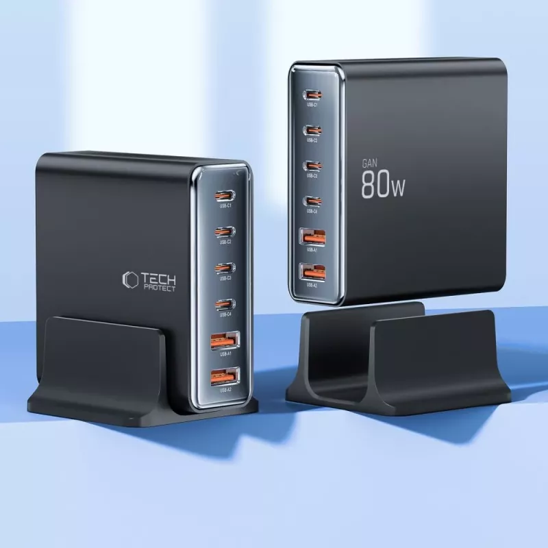 Tech-Protect DC80W-GAN 6-PORT GaN 80W USB-C oplader zwart