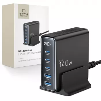 TECH-PROTECT DC140W-GAN 5-poorts desktop-oplader PD 140W / QC3.0 zwart