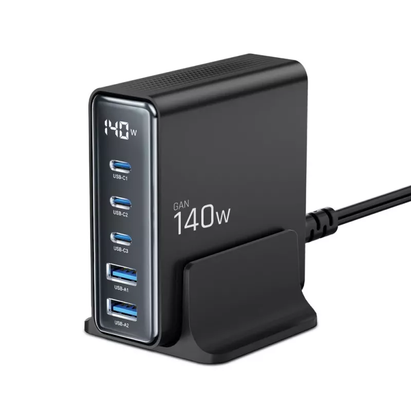 TECH-PROTECT DC140W-GAN 5-poorts desktop-oplader PD 140W / QC3.0 zwart