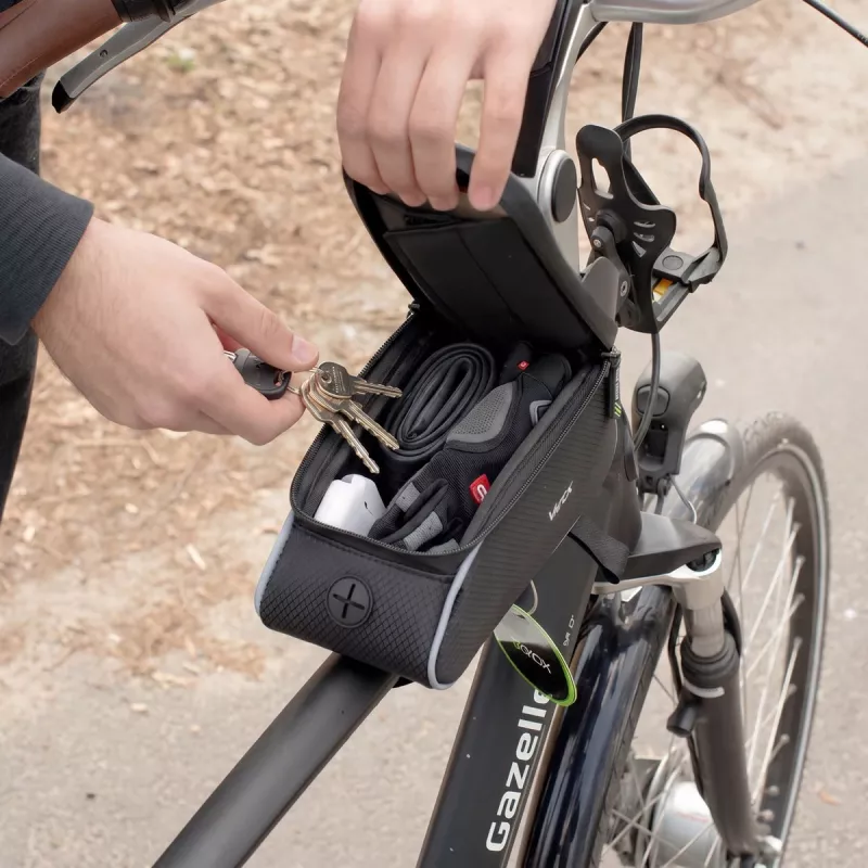 Vayox VA0450 fietsframetas met twee vakken en telefoonvak, zwart