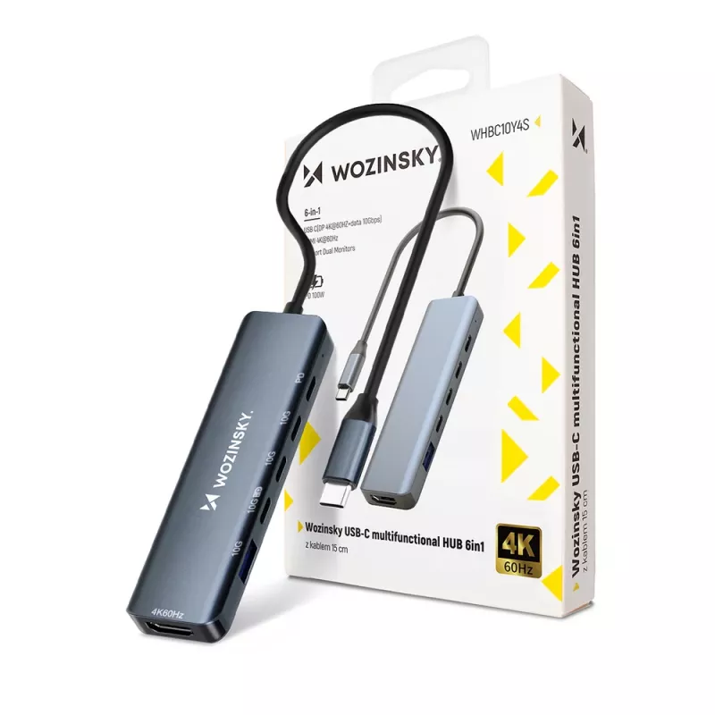 WOZINSKY WHBC10Y4S USB-C hub 6-in-1 multifunctioneel aluminium met 15 cm kabel - grijs