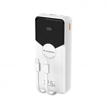 Powerbank Wozinsky WFC-15W 20000mAh 22.5W PD20W met geïntegreerde Lightning- en USB-C-kabels - wit
