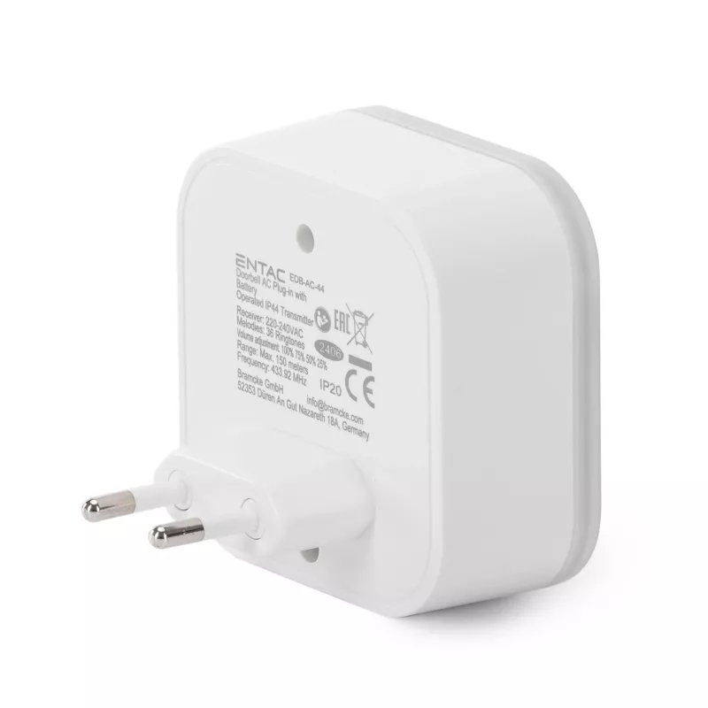 ENTAC Draadloze Deurbel AC-stekker IP44 zender met 1x CR2032-batterij
