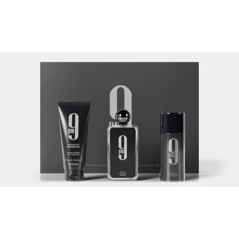 Afnan 9 PM eau de parfum geschenkset voor heren - 100ml EDP spray + 150ml douchegel + 250ml deodorant spray