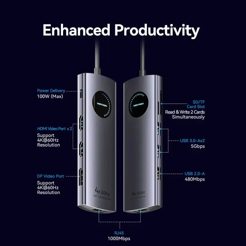 VENTION USB-C 10-in-1 Docking Station 8K 30Hz 100W PD met LED-display