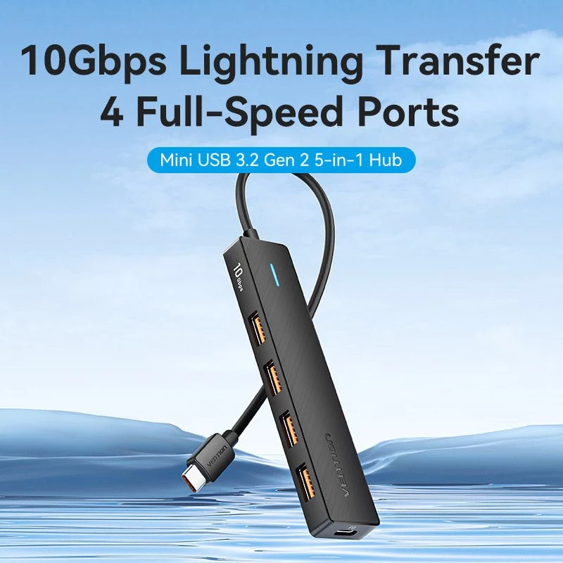 VENTION USB-C naar USB 3.2 Gen 2 Hub met 100W PD, 0,15m, Zwart