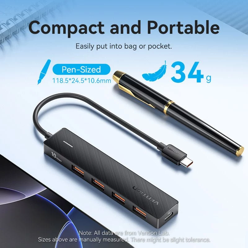 VENTION USB-C naar USB 3.2 Gen 2 Hub met 100W PD, 0,15m, Zwart