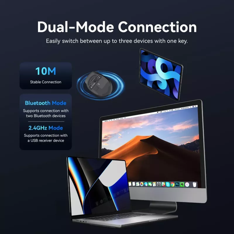 Vention KTMB0 dual-mode 2,4GHz + Bluetooth 5.1 draadloze optische muis, 6 knoppen, 800-2400 DPI, zwart