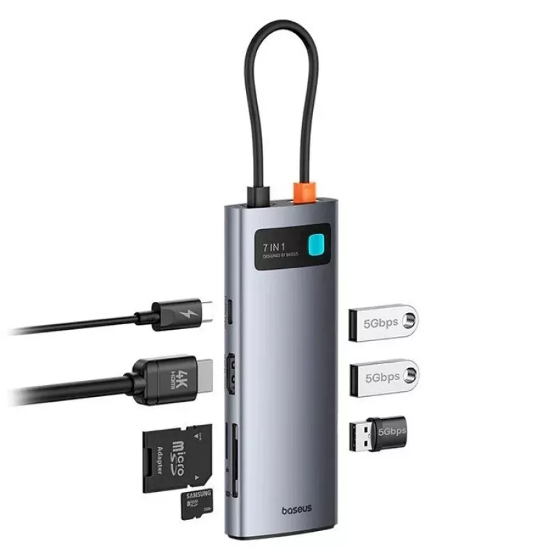 Baseus Metal Gleam 7-in-1 USB-C hub HDMI 4K 60Hz 3x USB 3.0 USB-C PD SD microSD grijs