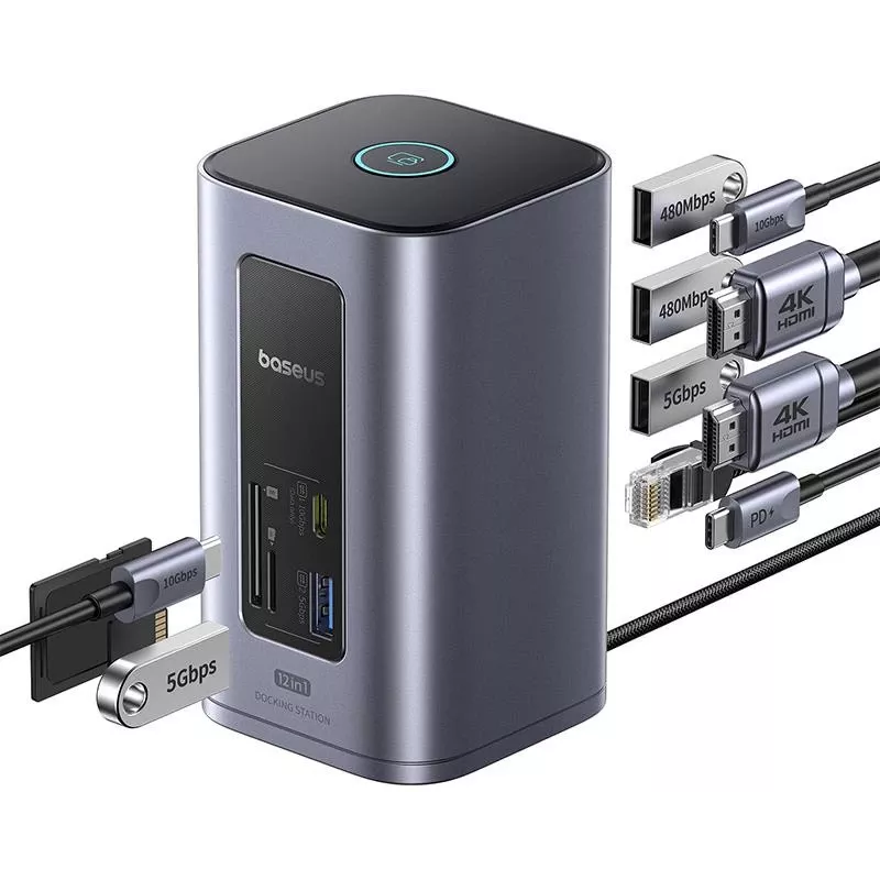 Baseus Air Spacemate 12-in-1 USB-C Hub, 2x HDMI 4K@60Hz, 2x USB-C 10Gbps, 2x USB-A 5Gbps, 2x USB-A 480Mbps, RJ45, SD/microSD, USB-C PD, Grijs
