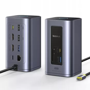 Baseus Air Spacemate 12-in-1 USB-C Hub, 2x HDMI 4K@60Hz, 2x USB-C 10Gbps, 2x USB-A 5Gbps, 2x USB-A 480Mbps, RJ45, SD/microSD, USB-C PD, Grijs