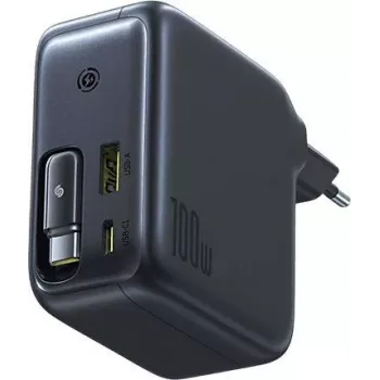 Baseus EnerCore CJ11 100W GaN-voeding met intrekbare USB-C-kabel, 2 USB-C- en 1 USB-A-aansluiting, zwart
