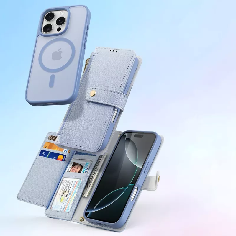 DUXDUCIS Lawa Leather Case voor iPhone 16 Pro Max met afneembare magnetische wallet - blauw
