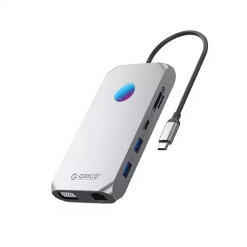 ORICO XCR 12-in-1 USB-C dockingstation met RGB, 3x USB-A 3.1, 1x USB-A 2.0, 1x USB-C PD 100W, 1x USB-C 3.1, 1x HDMI 1.4 4K 30Hz, 1x VGA 1080p, 1x microSD/SD 3.0, 1x RJ45 Gigabit Ethernet, 1x audio CTIA 3,5mm - grijs