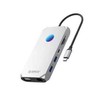 ORICO XCR 12-in-1 USB-C dockingstation met RGB, 3x USB-A 3.1, 1x USB-A 2.0, 1x USB-C PD 100W, 1x USB-C 3.1, 1x HDMI 1.4 4K 30Hz, 1x VGA 1080p, 1x microSD/SD 3.0, 1x RJ45 Gigabit Ethernet, 1x audio CTIA 3,5mm - zilver