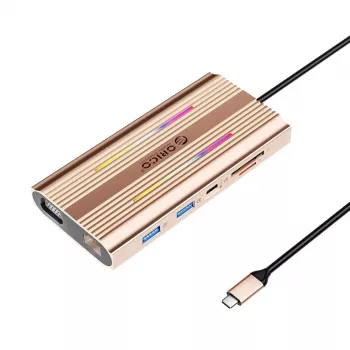 ORICO XDR 12-in-1 USB-C dockingstation RGB, 2x USB-A, 1x USB-C PD 100W, 2x HDMI 4K 60Hz, VGA, RJ45 Gigabit, SD & microSD-kaartlezer - Rose Gold
