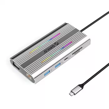ORICO XCR 12-in-1 USB-C dockingstation met RGB, 3x USB-A, USB-C PD 100W, HDMI 4K, VGA, RJ45 Gigabit, SD/microSD-kaartlezer - zilver