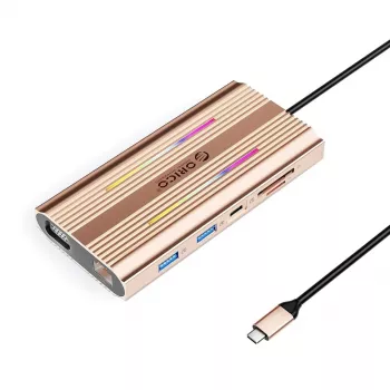 ORICO XDR 12-in-1 USB-C dockingstation RGB, 3x USB-A, USB-C PD 100W, HDMI 4K, VGA, RJ45 Gigabit, SD/microSD-kaartlezer - Rose Gold