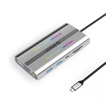 ORICO XDR 12-in-1 USB-C dockingstation met RGB, 2x HDMI 4K 60Hz, DisplayPort 4K 60Hz, RJ45 Gigabit, PD 100W, SD/microSD-kaartlezer - zilver