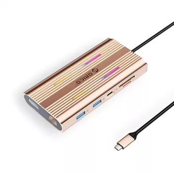 ORICO XDR 12-in-1 USB-C dockingstation met RGB, 2x HDMI 4K 60Hz, DisplayPort 4K 60Hz, Gigabit Ethernet, 100W PD, SD/microSD-kaartlezer - roségoud