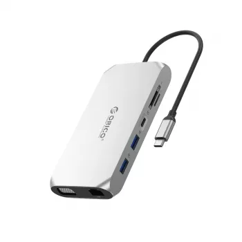 ORICO XCR 12-in-1 USB-C dockingstation, 3x USB-A 3.1, 1x USB-A 2.0, 1x USB-C PD 100W, 1x USB-C 3.1, 1x HDMI 1.4 4K 30Hz, 1x VGA 1080p, SD/microSD 3.0, RJ45 Gigabit, 3,5mm audio, zilver