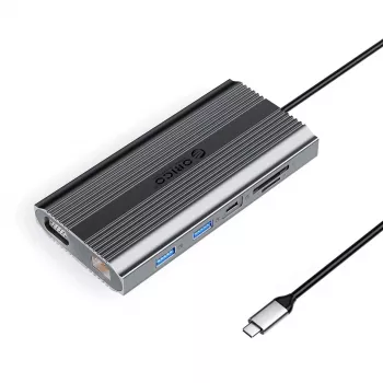 ORICO XDR 12-in-1 USB-C dockingstation met USB-A, USB-C PD 100W, HDMI 4K, VGA, RJ45 Gigabit, SD- & microSD-kaartlezer - grijs