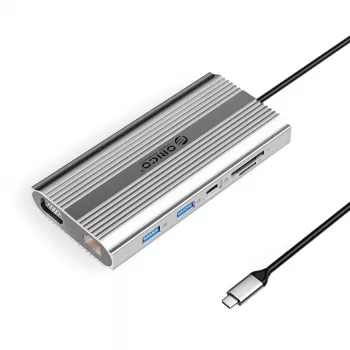 ORICO XDR 12-in-1 USB-C dockingstation met 4K HDMI, VGA, Gigabit Ethernet, 100W PD, SD/microSD-kaartlezer - zilver