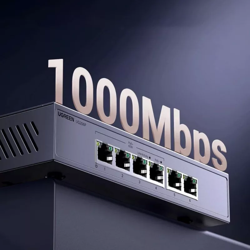 Ugreen 6-poorts Gigabit Ethernet-switch met PoE+ - grijs