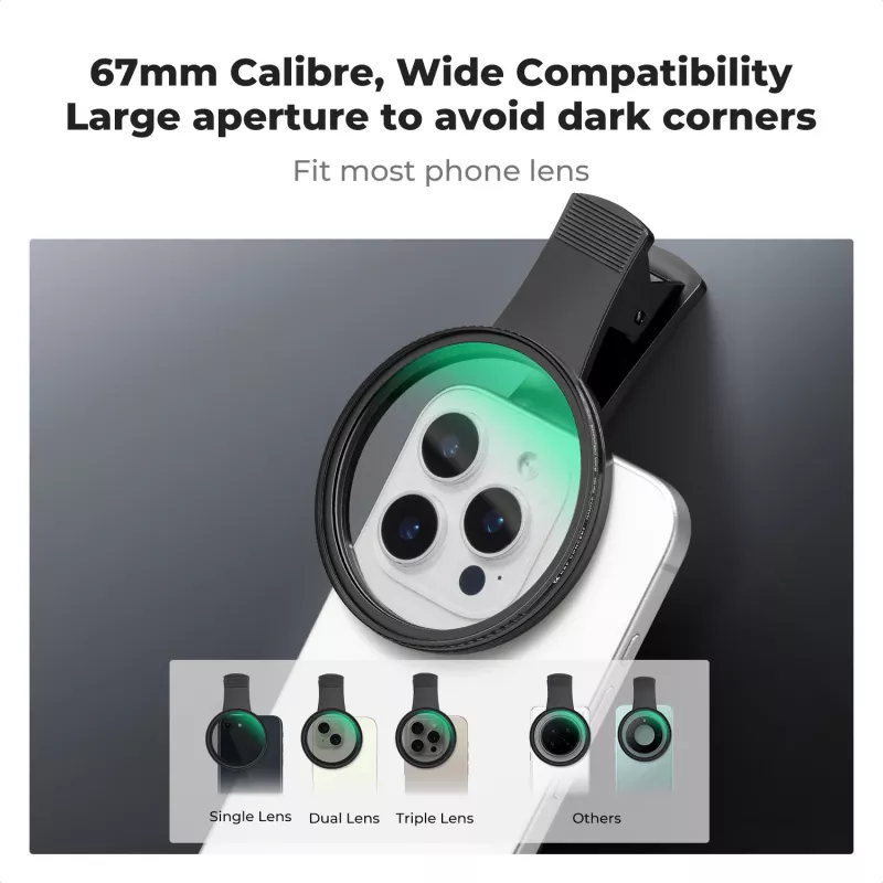 KF Black Diffusion 1/4 filter 67mm met clip-on-adapter voor smartphone